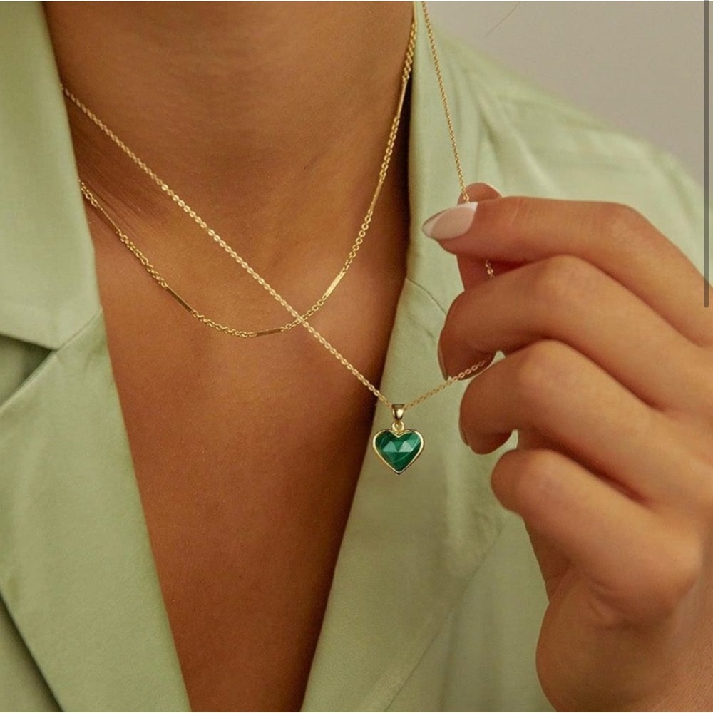14k Gold Plated Malachite Heart Stone Necklace